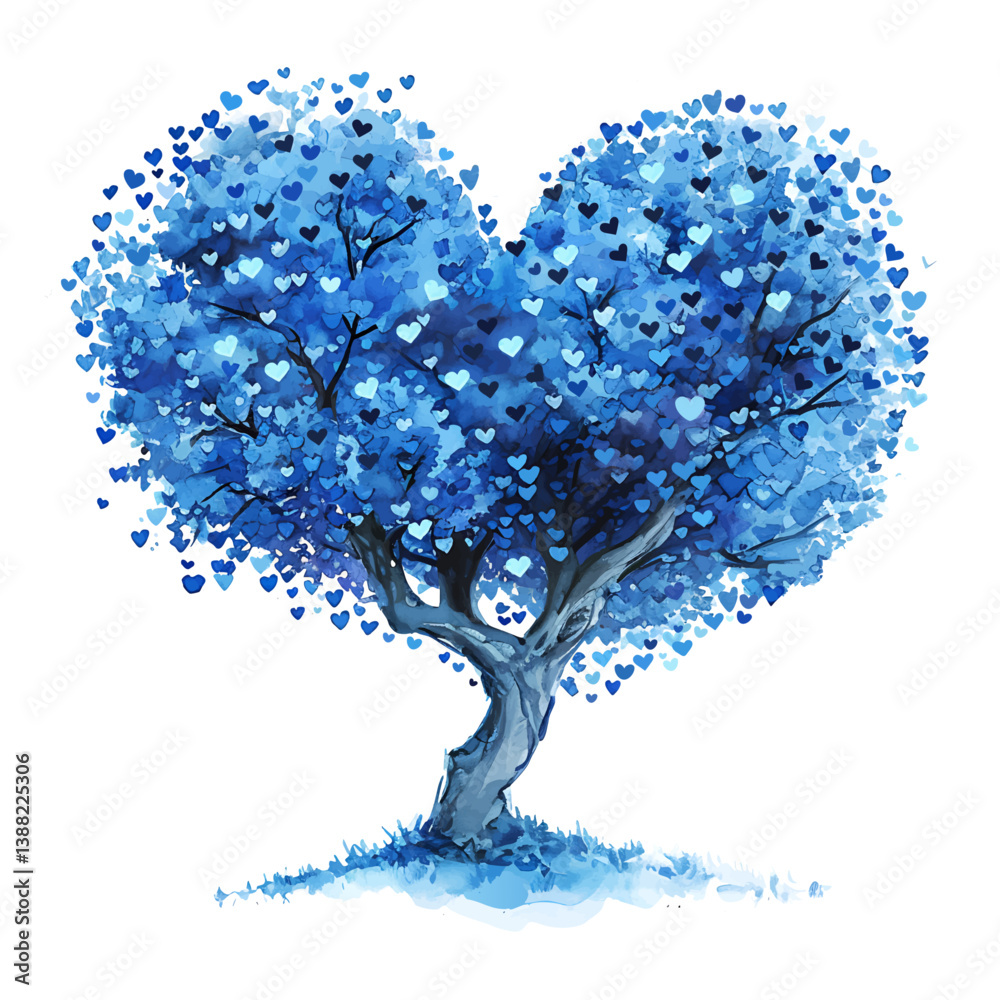 Baum aus blauen Herzen, aquarell Vektor Illustration isoliert auf weißem Hintergrund. Konzept symbolisch für wachsende Liebe und friedliche Verbindung zwischen Menschen, Zusammenhalt und Vertrauen.