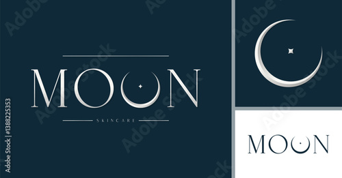 Moon Typography Logo. Logo for luxury, fashion, jewelry, and feminine brands. Elegant dark blue logo with shiny moon and star element.