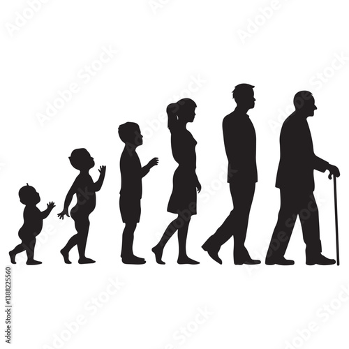 Black Silhouettes of Humans in Different Ages on White Background | EPS Vector Evolution Set