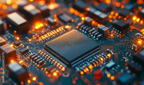 High Tech Circuit Board with Glowing Light Emitting Diodes Detail