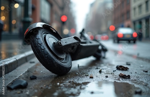 Damaged electric scooter lies street after crash. Wrecked vehicle shows impact damage, pieces of scooter and debris. Accident scene on wet pavement, urban environment. photo
