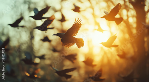 A large flock of crows flies in the sky. The birds covered the sky with their silhouettes	