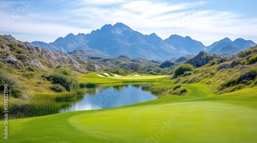 A vibrant golf course unfolds before a majestic mountain range. The course features lush green fairways and a tranquil pond. The image boasts high resolution and natural lighting. Its style is sceni