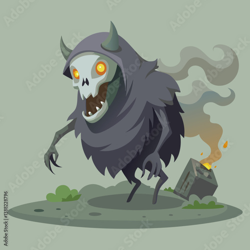 Cartoon grim reaper with a glowing head and a long beard, holding a scythe, set against a dark, eerie background.