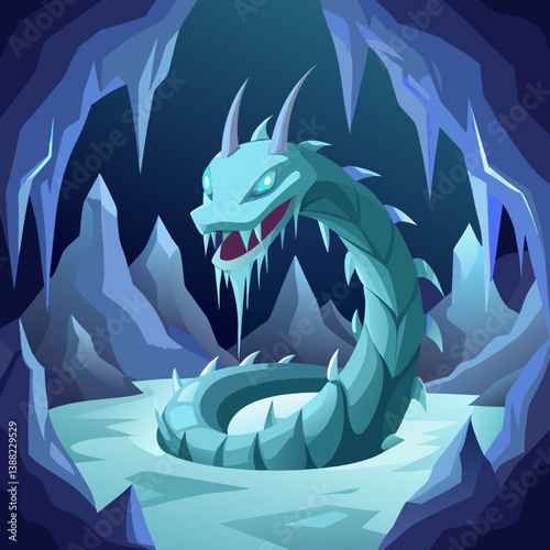 Ice dragon resting in a cave surrounded by ice formations and towering mountains in the background.