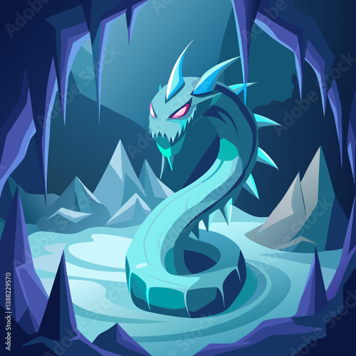 Ice dragon resting in a cave surrounded by ice formations and towering mountains in the background.