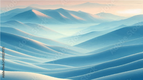 a serene winter landscape with rolling snow-covered hills and distant mountains, using soft gradients in cool blue and white tones for the snow, and subtle pink and blue hues in the sky to suggest 