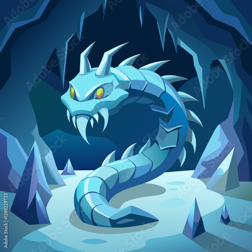 Ice dragon resting in a cave surrounded by ice formations and towering mountains in the background.