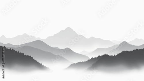 Create a vector illustration of a minimalist grayscale mountain landscape. The image should have soft gradients and a layered effect to depict depth, with distant mountains appearing lighter and more 