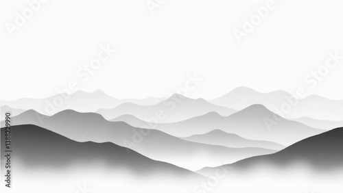 Create a vector illustration of a minimalist grayscale mountain landscape. The image should have soft gradients and a layered effect to depict depth, with distant mountains appearing lighter and more 
