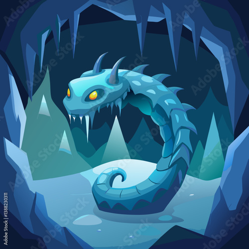 Ice dragon resting in a cave surrounded by ice formations and towering mountains in the background.