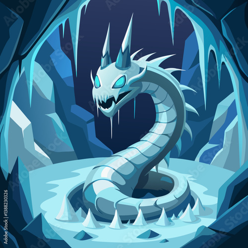 Ice dragon resting in a cave surrounded by ice formations and towering mountains in the background.