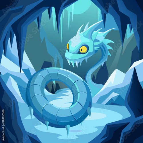 Ice dragon resting in a cave surrounded by ice formations and towering mountains in the background.