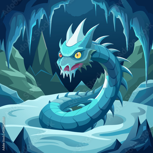 Ice dragon resting in a cave surrounded by ice formations and towering mountains in the background.