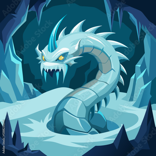Ice dragon resting in a cave surrounded by ice formations and towering mountains in the background.