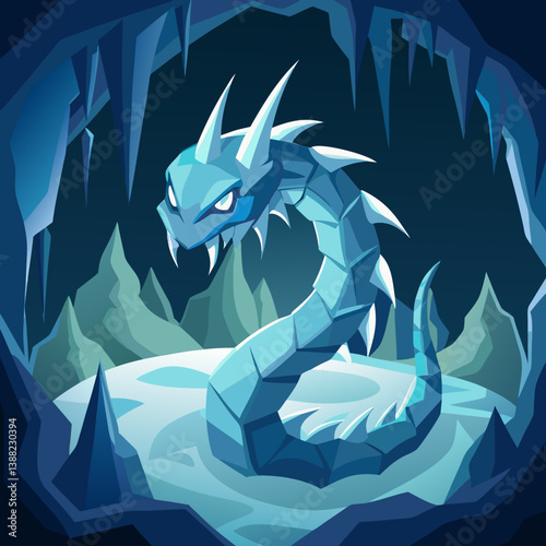 Ice dragon resting in a cave surrounded by ice formations and towering mountains in the background.