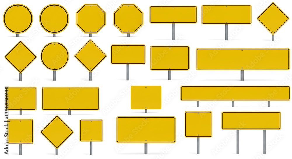 Fototapeta premium Yellow Road Sign Collection: Shapes & Sizes AI Generated