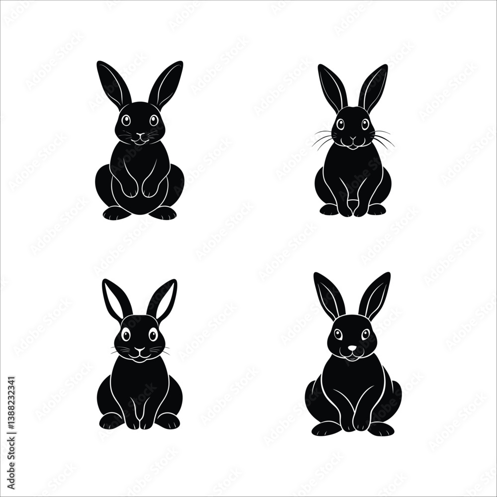 Obraz premium Four charming black bunny silhouettes. Perfect for Easter, springtime, or any project needing cute rabbit icons. Simple, elegant vector graphics.