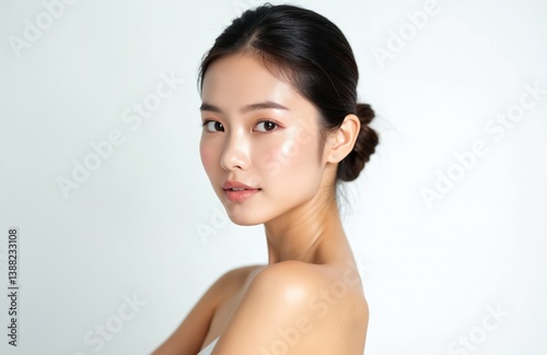 Portrait young asian woman with fresh clean skin. Beauty skincare concept. Female with soft makeup on white backdrop. Cosmetology, spa, healthy skin, facial treatment. Beauty industry.