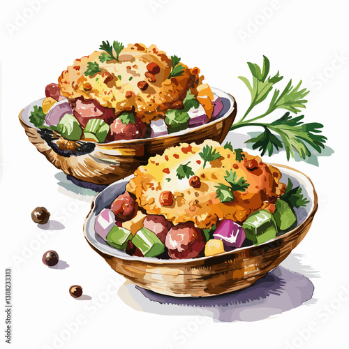 Watercolor Stuffed Quahogs in Open Clam Shells