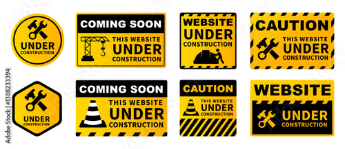Website Under Construction Signs Set. Caution and Coming Soon Labels. Vector Construction Badges