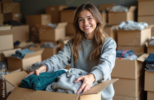 Young female volunteer packing donation boxes for people in need. Smiling girl prepares clothing donations for refugees, war victims. Humanitarian aid, helping concept. Charity worker, social support.