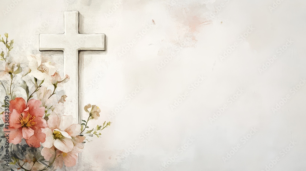 A simple background with a white cross and flowers, copy space for text in the center A simple background with a white cross and flowers, copy space for text in the center
