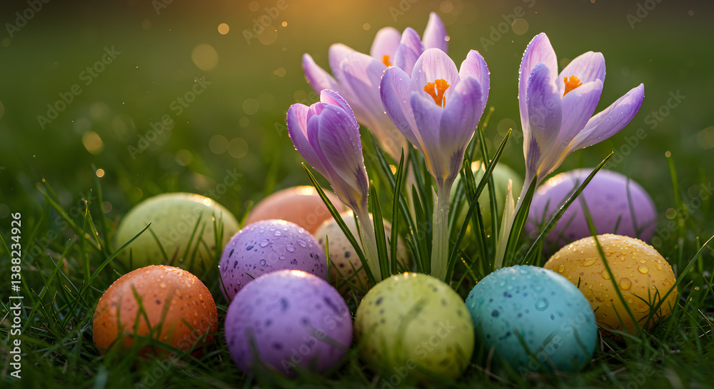 Fototapeta premium Macro photo of dew-covered crocuses blooming around Easter eggs at sunrise, rich natural colors.