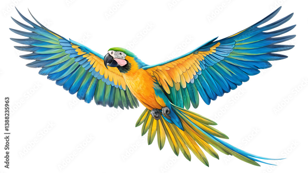 Obraz premium Flying Tropical Parrot Illustration – Isolated Exotic Bird Clipart