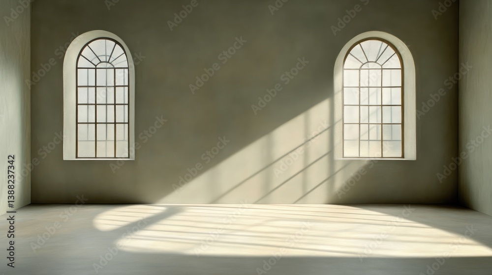 Obraz premium Empty room with arched windows, sunlit