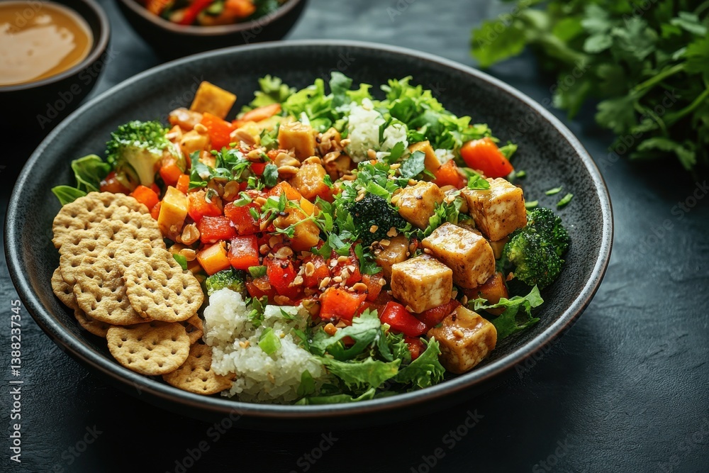 Vibrant Vegetarian Salad Bowl With Tofu, Colorful Fresh Vegetables, Sesame Dressing, and Crunchy Crackers On Dark Surface. Healthy Meal For All Seasons. Vibrant Vegetarian Salad Bowl With Tofu, Colorful Fresh Vegetables, Sesame Dressing, and Crunchy Crackers On Dark Surface. Healthy Meal For All Seasons.