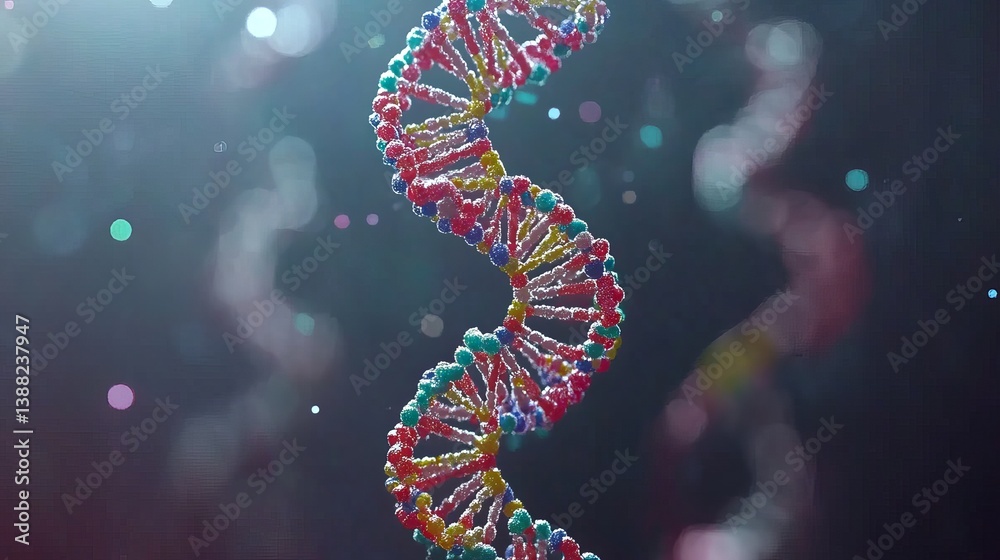 Obraz premium A colorful dna double helix structure with a dark background and bokeh effect in a spiral shape form