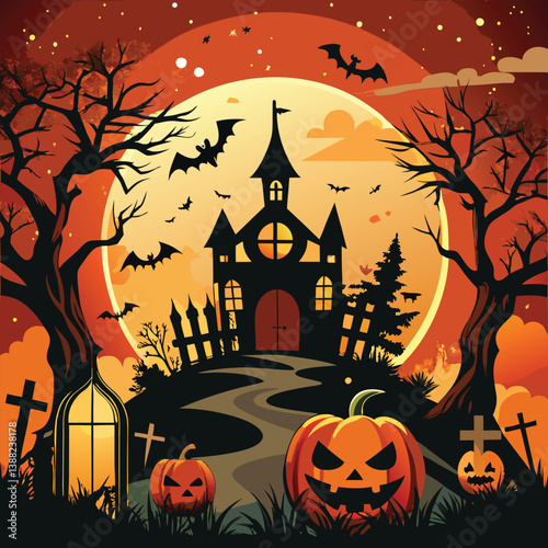 Happy Halloween night background in flat design. Vector Halloween Illustration