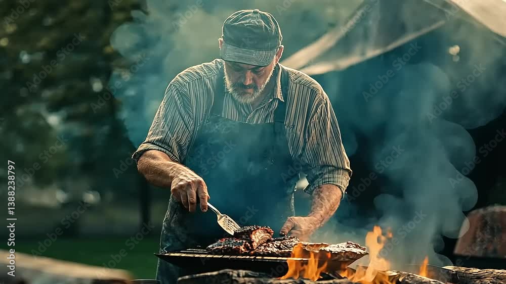 Elderly man grilling meat outdoors at a rustic campsite surrounded by trees and smoke
