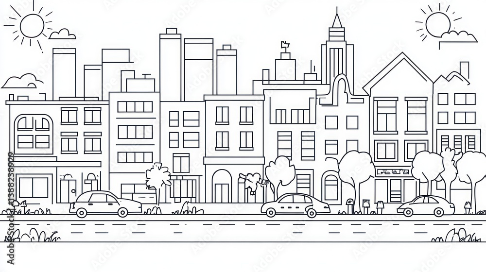 custom made wallpaper toronto digitalSimple line art city street scene.  Possible use Children's book illustration