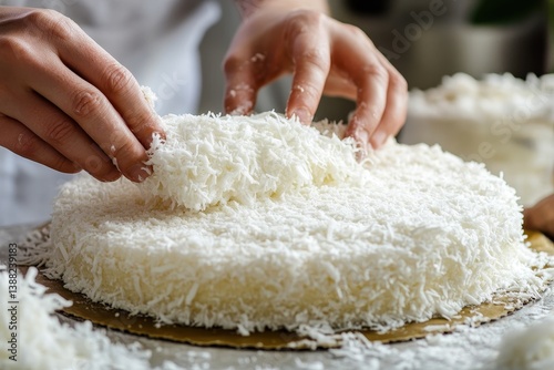 Artfully Decorating a Coconut Layer Cake: A Close-Up Still Life of Sweetness in the Making