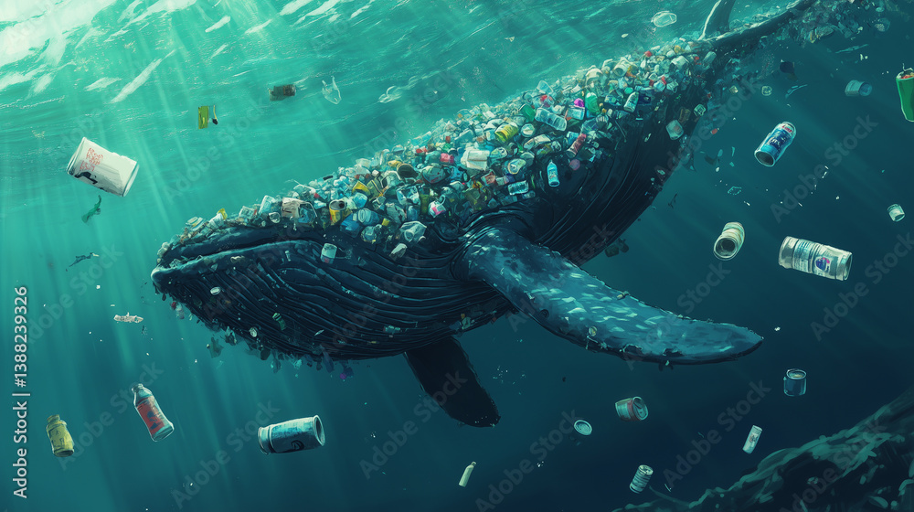 Fototapeta premium A whale made of ocean trash swims underwater, symbolizing pollution and environmental destruction.