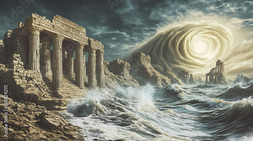 Ancient ruins of a forgotten civilization swallowed by a cataclysmic event. Swallowed Past. Illustration