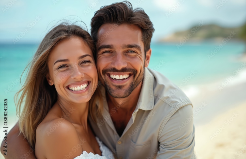Fototapeta premium Cheerful couple enjoys vacation on tropical beach. Man hugs woman. Happy smiling faces show true emotion. Romantic travel together. Beautiful woman, handsome man portrait.