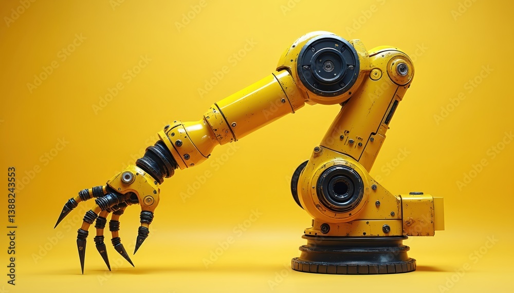 Illustration of yellow robot arm with claw. Industrial robotic arm on yellow background, futuristic tech. Automation, innovation, manufacturing, industry, tech, robotics, engineering concept. Illustration of yellow robot arm with claw. Industrial robotic arm on yellow background, futuristic tech. Automation, innovation, manufacturing, industry, tech, robotics, engineering concept.