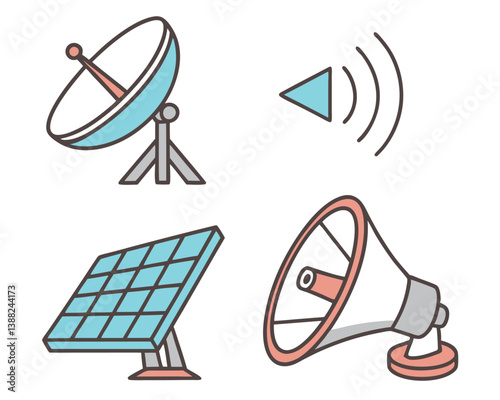 Set of Four Communication Technology Icons: Satellite, Dish, Megaphone