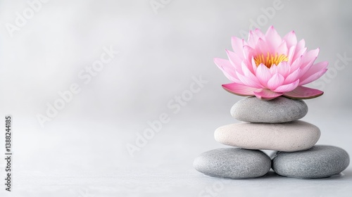 A pink lotus flower rests atop a stack of gray and white stones. The image is simple, with a blurred background. Its high-resolution, featuring soft lighting. The style is serene and minimalist. Ca