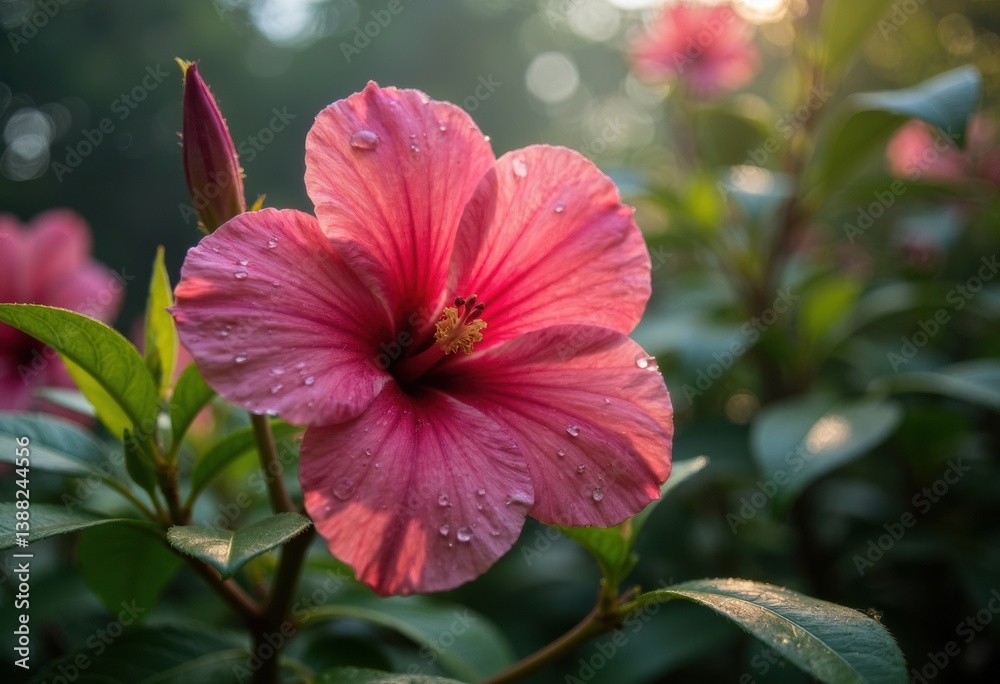 A vibrant pink hibiscus flower glistening with morning dew in a lush garden