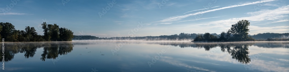 Serene lake reflecting nature's beauty under a clear sky Serene lake reflecting nature's beauty under a clear sky