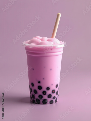 A Pink bubble tea with tapioca pearls in plastic cup and straw on pastel background. drink looks refreshing and inviting