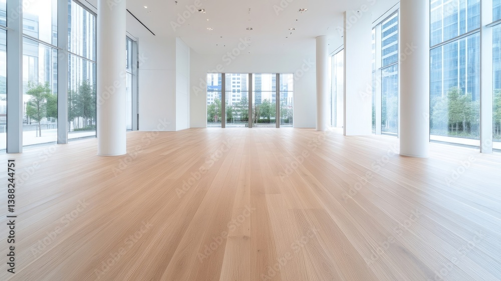 Fototapeta premium Empty modern space with hardwood floors and large windows