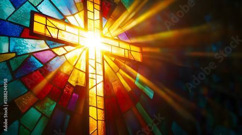 Stained glass cross emitting bright light.  The colorful panes and radiant beams evoke a sense of hope and spirituality, perfect for art or religious themes.