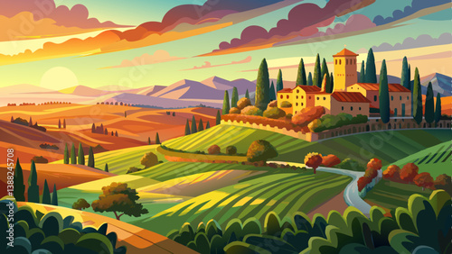 Panoramic view of Tuscany landscape at sunset
