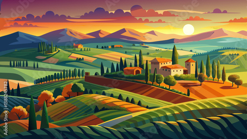 Panoramic view of Tuscany landscape at sunset