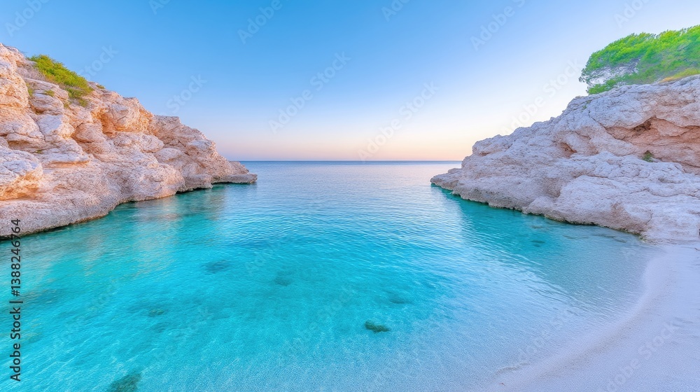 Fototapeta premium The image shows a tranquil cove with clear turquoise water. White rocks frame the beach. The scene is bathed in soft, natural light. The high-resolution image boasts a serene aesthetic. Colors are
